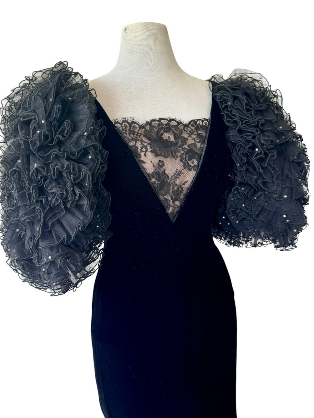 Vtg 80s Oscar de la Renta Black Velvet Gown 8 Rhinestone Voluminous Sleeves NWT - Picture 5 of 12